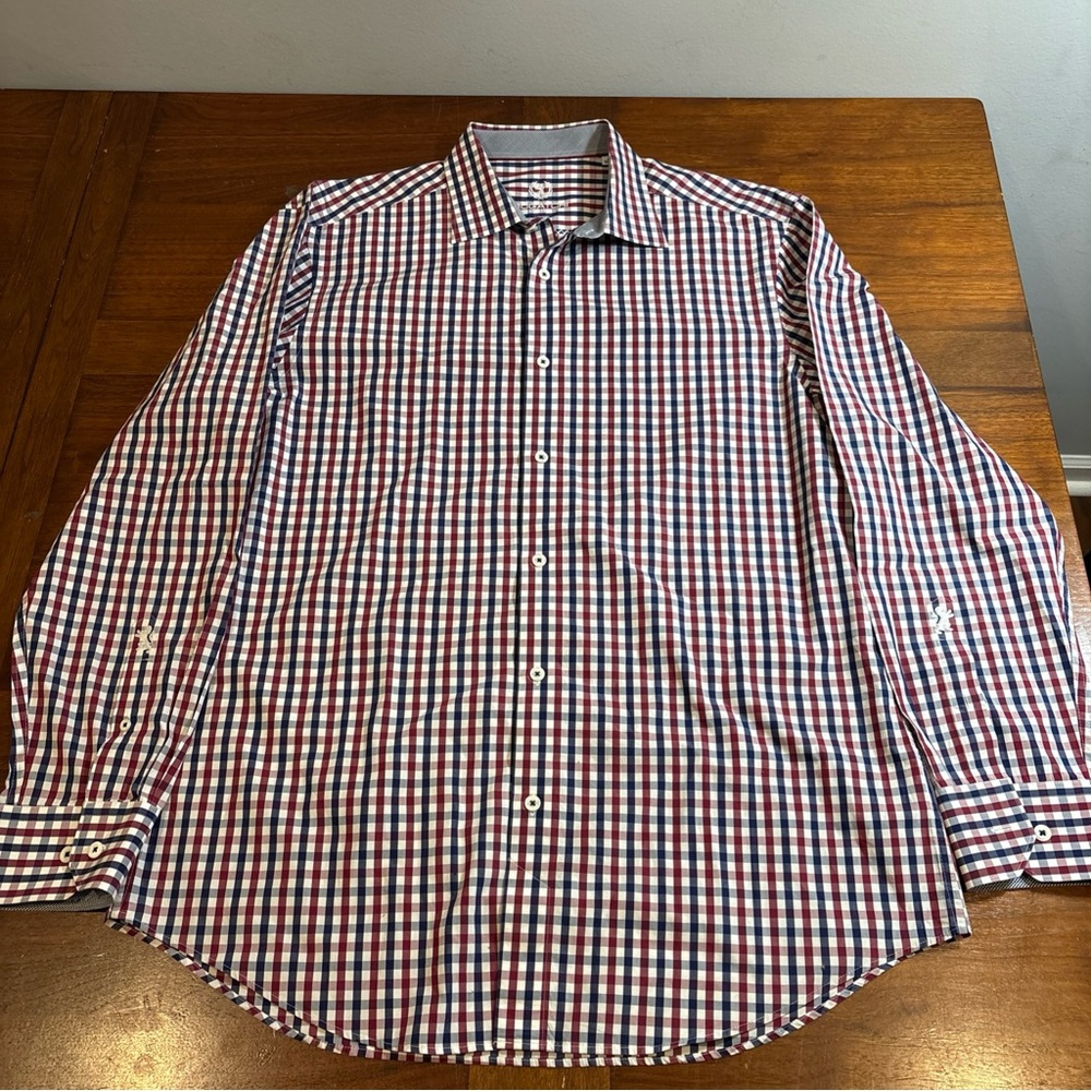 Bugatchi Shirt Mens 17 34/35 Blue Plaid Button Up Long Sleeve Classic Fit